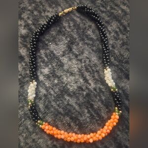 Stunning Vintage Onyx Mother Of Pearl Angel Skin Coral 3 Strand Necklace